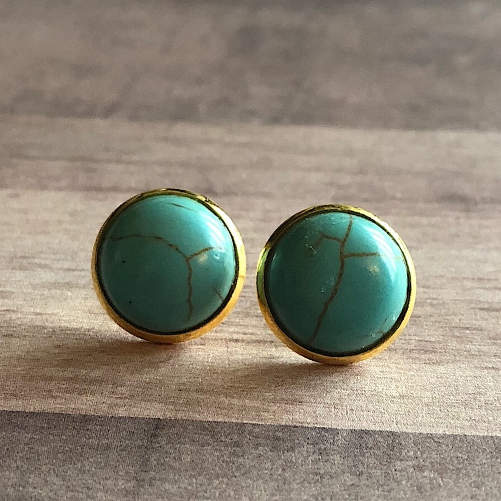 Turquoise Stone Gold 12mm Stud Earrings! - Picture 1 of 14